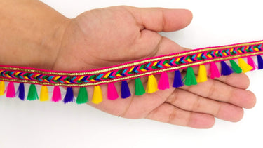 Pink And Multicoloured Braided Fringe Thread Lace Trim, Rainbow Tassels Trim, Fringe Trimming